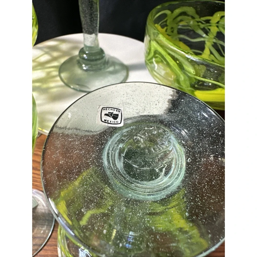 4 Margarita Glasses Hand Blown Recycled Mexican Yellow & Green Drizzle 6.5 